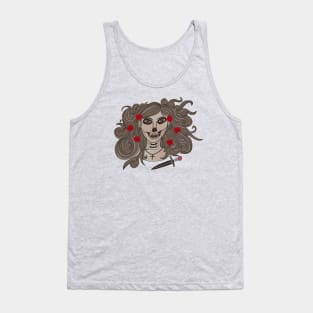 Hand Drawn La Catrina With Cross, Dagger And Roses (Dark) Tank Top